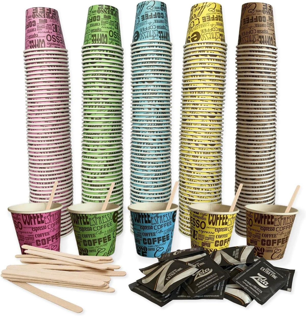 1 KIT ACCESSORI BIO PER CAFFE' 150 BICCHIERI 150 BUSTINE DI ZUCCHERO 150 PALETTE BIODEGRADABILE