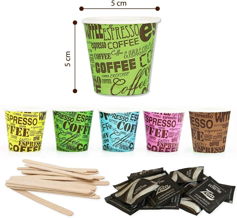 1 KIT ACCESSORI BIO PER CAFFE' 150 BICCHIERI 150 BUSTINE DI ZUCCHERO 150 PALETTE BIODEGRADABILE
