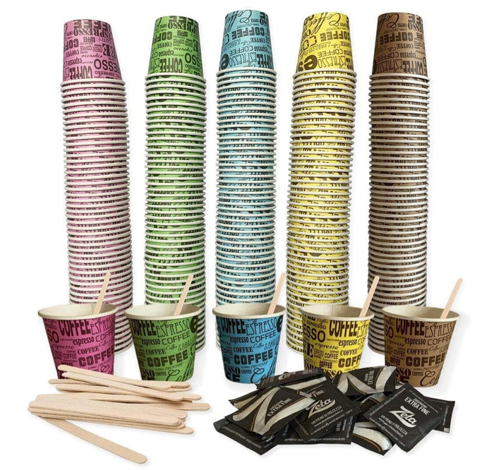 KIT ACCESSORI BIO PER CAFFE' 150 BICCHIERI 150 BUSTINE DI ZUCCHERO 150 PALETTE