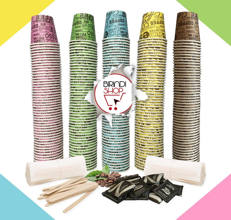 KIT ACCESSORI BIO PER CAFFE' 150 BICCHIERI 150 BUSTINE DI ZUCCHERO 150 PALETTE
